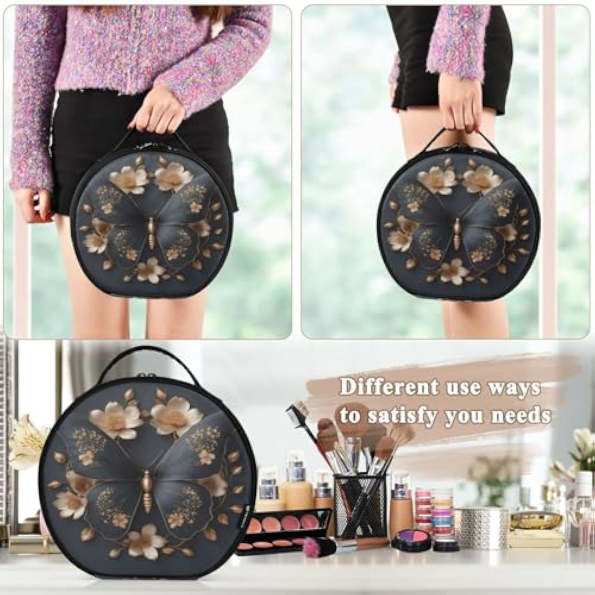 Black Butterfly Travel Makeup Case Portable Organizer with Dividers